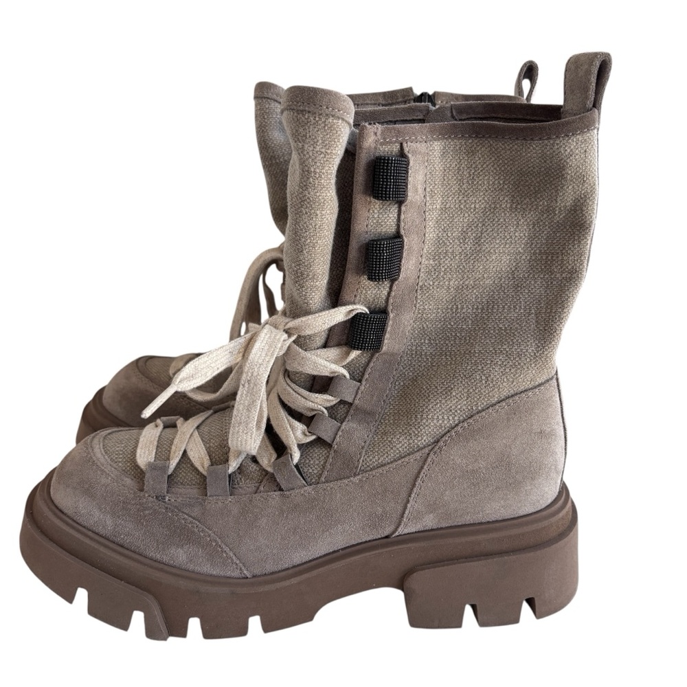 Brunello Cucinelli Flat Suede Lace Up Boots Woman Grey 37 1/2